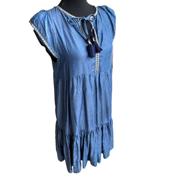 Tommy Bahama Women's Blue Boho Embroidered Tassel Tiered Tencel Dress Size Small - Picture 2 of 15